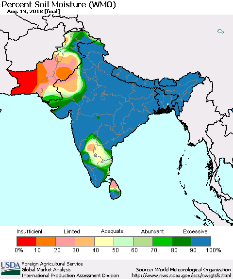 Southern Asia Percent Soil Moisture (WMO) Thematic Map For 8/13/2018 - 8/19/2018
