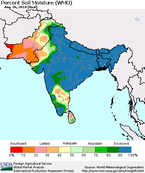 Southern Asia Percent Soil Moisture (WMO) Thematic Map For 8/20/2018 - 8/26/2018