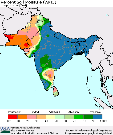 Southern Asia Percent Soil Moisture (WMO) Thematic Map For 8/27/2018 - 9/2/2018