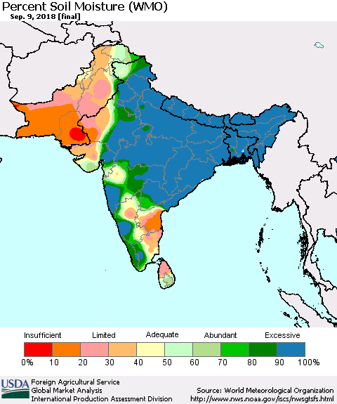 Southern Asia Percent Soil Moisture (WMO) Thematic Map For 9/3/2018 - 9/9/2018