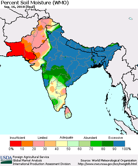 Southern Asia Percent Soil Moisture (WMO) Thematic Map For 9/10/2018 - 9/16/2018