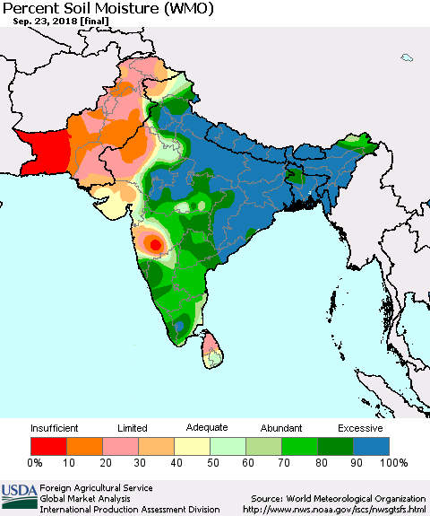 Southern Asia Percent Soil Moisture (WMO) Thematic Map For 9/17/2018 - 9/23/2018