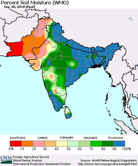 Southern Asia Percent Soil Moisture (WMO) Thematic Map For 9/24/2018 - 9/30/2018