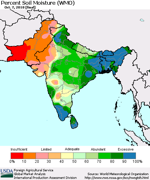 Southern Asia Percent Soil Moisture (WMO) Thematic Map For 10/1/2018 - 10/7/2018