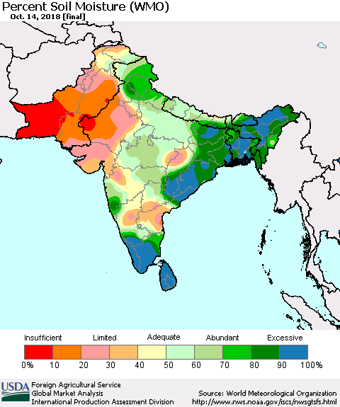 Southern Asia Percent Soil Moisture (WMO) Thematic Map For 10/8/2018 - 10/14/2018