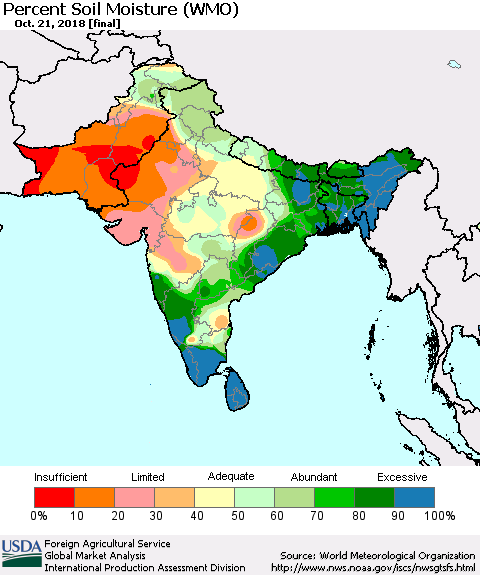 Southern Asia Percent Soil Moisture (WMO) Thematic Map For 10/15/2018 - 10/21/2018
