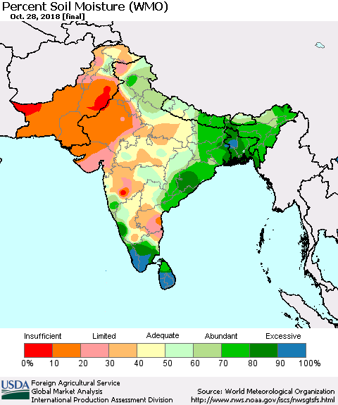 Southern Asia Percent Soil Moisture (WMO) Thematic Map For 10/22/2018 - 10/28/2018