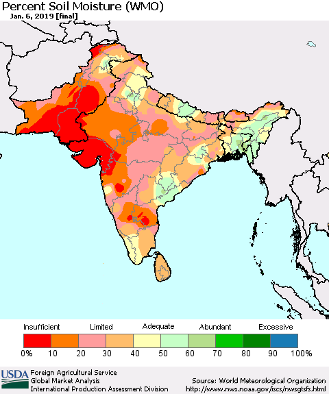 Southern Asia Percent Soil Moisture (WMO) Thematic Map For 12/31/2018 - 1/6/2019