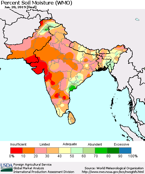 Southern Asia Percent Soil Moisture (WMO) Thematic Map For 1/14/2019 - 1/20/2019