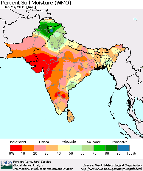 Southern Asia Percent Soil Moisture (WMO) Thematic Map For 1/21/2019 - 1/27/2019