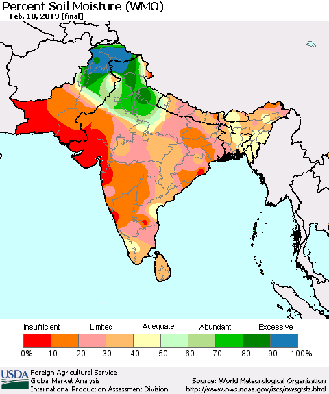 Southern Asia Percent Soil Moisture (WMO) Thematic Map For 2/4/2019 - 2/10/2019