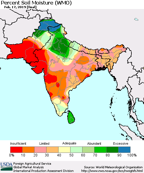 Southern Asia Percent Soil Moisture (WMO) Thematic Map For 2/11/2019 - 2/17/2019