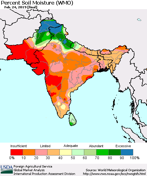 Southern Asia Percent Soil Moisture (WMO) Thematic Map For 2/18/2019 - 2/24/2019