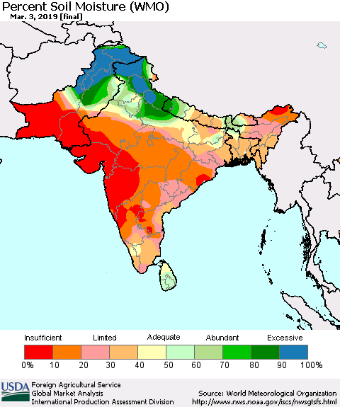 Southern Asia Percent Soil Moisture (WMO) Thematic Map For 2/25/2019 - 3/3/2019