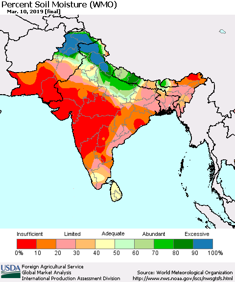 Southern Asia Percent Soil Moisture (WMO) Thematic Map For 3/4/2019 - 3/10/2019