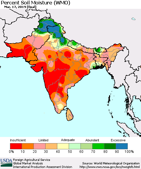 Southern Asia Percent Soil Moisture (WMO) Thematic Map For 3/11/2019 - 3/17/2019