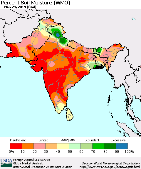 Southern Asia Percent Soil Moisture (WMO) Thematic Map For 3/18/2019 - 3/24/2019