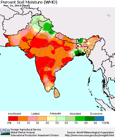 Southern Asia Percent Soil Moisture (WMO) Thematic Map For 3/25/2019 - 3/31/2019
