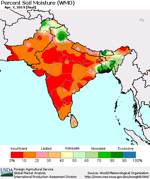 Southern Asia Percent Soil Moisture (WMO) Thematic Map For 4/1/2019 - 4/7/2019