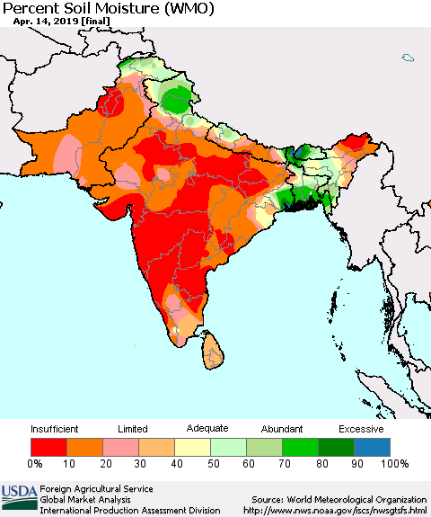 Southern Asia Percent Soil Moisture (WMO) Thematic Map For 4/8/2019 - 4/14/2019