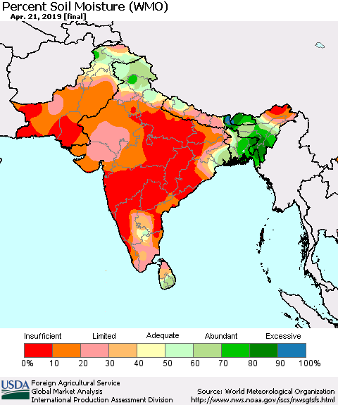 Southern Asia Percent Soil Moisture (WMO) Thematic Map For 4/15/2019 - 4/21/2019