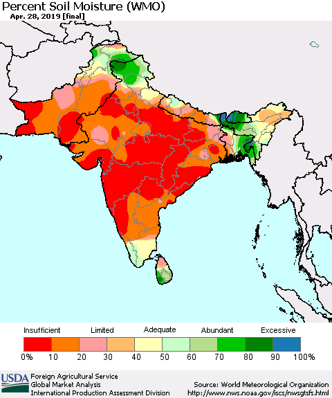 Southern Asia Percent Soil Moisture (WMO) Thematic Map For 4/22/2019 - 4/28/2019