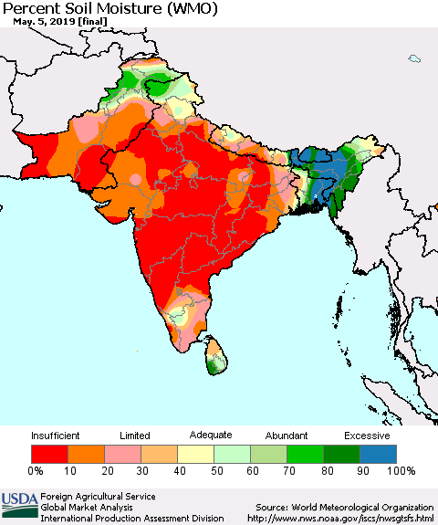 Southern Asia Percent Soil Moisture (WMO) Thematic Map For 4/29/2019 - 5/5/2019