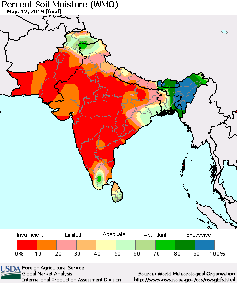 Southern Asia Percent Soil Moisture (WMO) Thematic Map For 5/6/2019 - 5/12/2019
