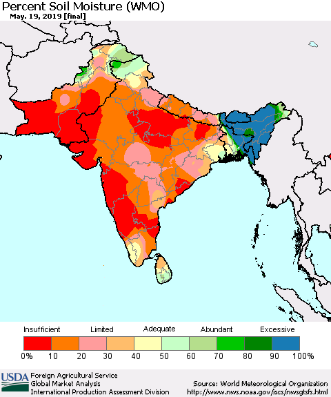 Southern Asia Percent Soil Moisture (WMO) Thematic Map For 5/13/2019 - 5/19/2019