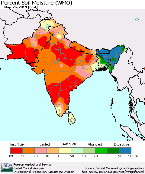 Southern Asia Percent Soil Moisture (WMO) Thematic Map For 5/20/2019 - 5/26/2019