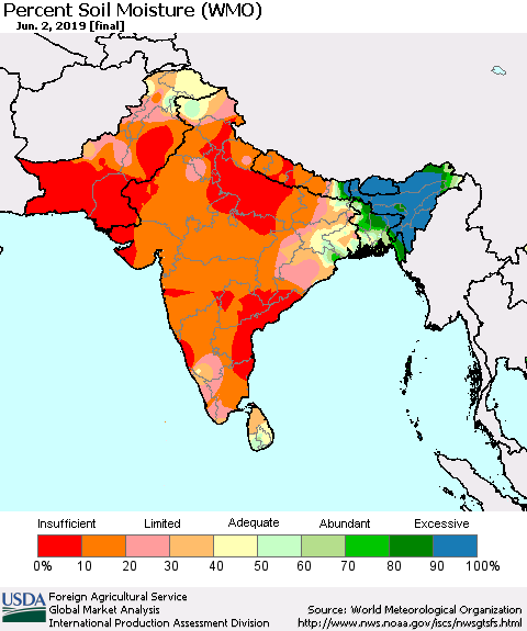 Southern Asia Percent Soil Moisture (WMO) Thematic Map For 5/27/2019 - 6/2/2019