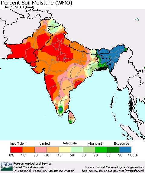Southern Asia Percent Soil Moisture (WMO) Thematic Map For 6/3/2019 - 6/9/2019