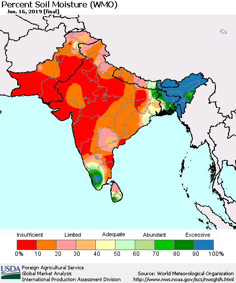 Southern Asia Percent Soil Moisture (WMO) Thematic Map For 6/10/2019 - 6/16/2019