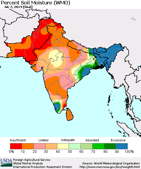Southern Asia Percent Soil Moisture (WMO) Thematic Map For 7/1/2019 - 7/7/2019