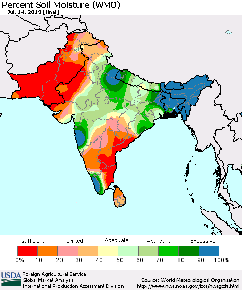 Southern Asia Percent Soil Moisture (WMO) Thematic Map For 7/8/2019 - 7/14/2019