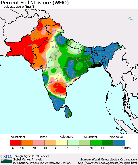 Southern Asia Percent Soil Moisture (WMO) Thematic Map For 7/15/2019 - 7/21/2019