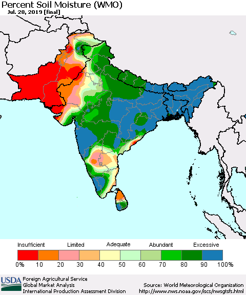 Southern Asia Percent Soil Moisture (WMO) Thematic Map For 7/22/2019 - 7/28/2019