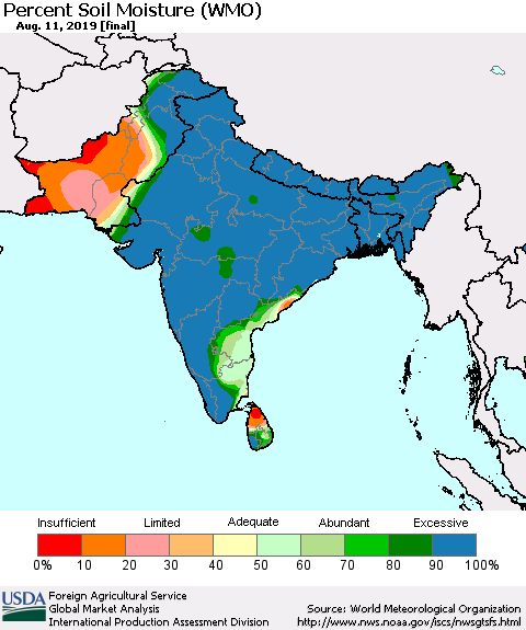 Southern Asia Percent Soil Moisture (WMO) Thematic Map For 8/5/2019 - 8/11/2019