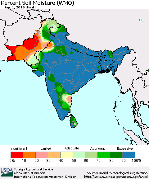 Southern Asia Percent Soil Moisture (WMO) Thematic Map For 8/26/2019 - 9/1/2019
