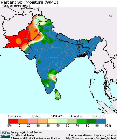 Southern Asia Percent Soil Moisture (WMO) Thematic Map For 9/9/2019 - 9/15/2019