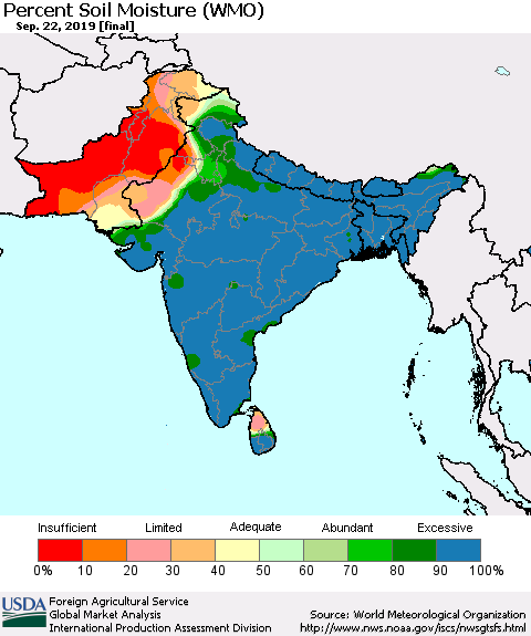 Southern Asia Percent Soil Moisture (WMO) Thematic Map For 9/16/2019 - 9/22/2019