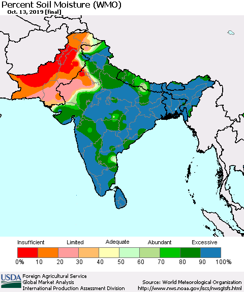Southern Asia Percent Soil Moisture (WMO) Thematic Map For 10/7/2019 - 10/13/2019