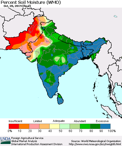 Southern Asia Percent Soil Moisture (WMO) Thematic Map For 10/14/2019 - 10/20/2019
