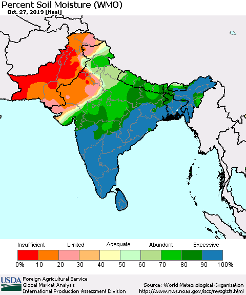 Southern Asia Percent Soil Moisture (WMO) Thematic Map For 10/21/2019 - 10/27/2019