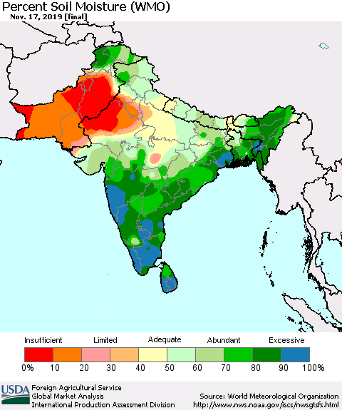 Southern Asia Percent Soil Moisture (WMO) Thematic Map For 11/11/2019 - 11/17/2019