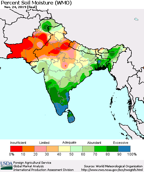 Southern Asia Percent Soil Moisture (WMO) Thematic Map For 11/18/2019 - 11/24/2019