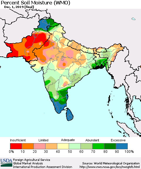Southern Asia Percent Soil Moisture (WMO) Thematic Map For 11/25/2019 - 12/1/2019
