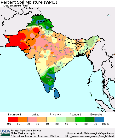 Southern Asia Percent Soil Moisture (WMO) Thematic Map For 12/9/2019 - 12/15/2019