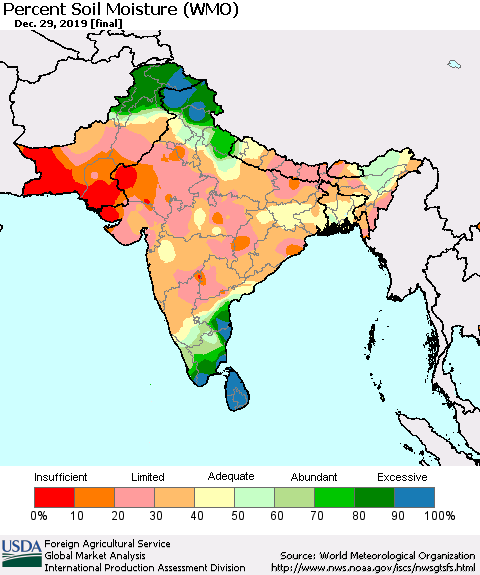Southern Asia Percent Soil Moisture (WMO) Thematic Map For 12/23/2019 - 12/29/2019
