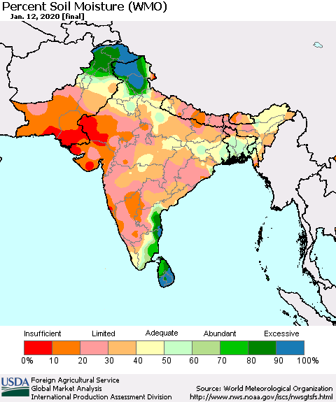 Southern Asia Percent Soil Moisture (WMO) Thematic Map For 1/6/2020 - 1/12/2020